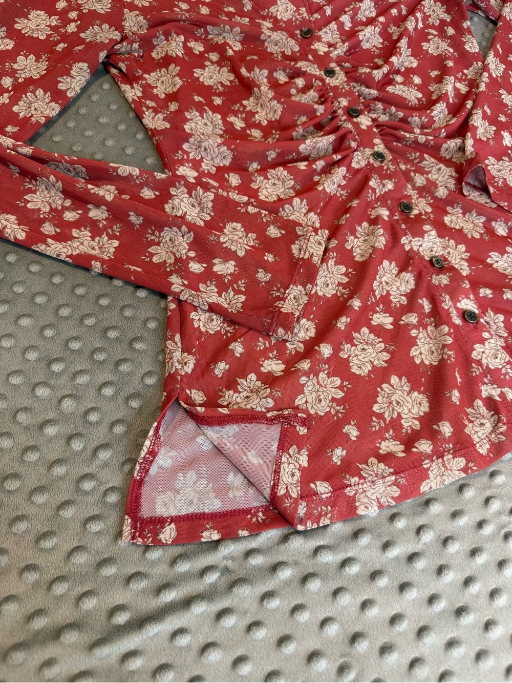 Altar'd State Red Floral Ruched Button-Down Shirt fairy whimsical - Picture 4 of 7